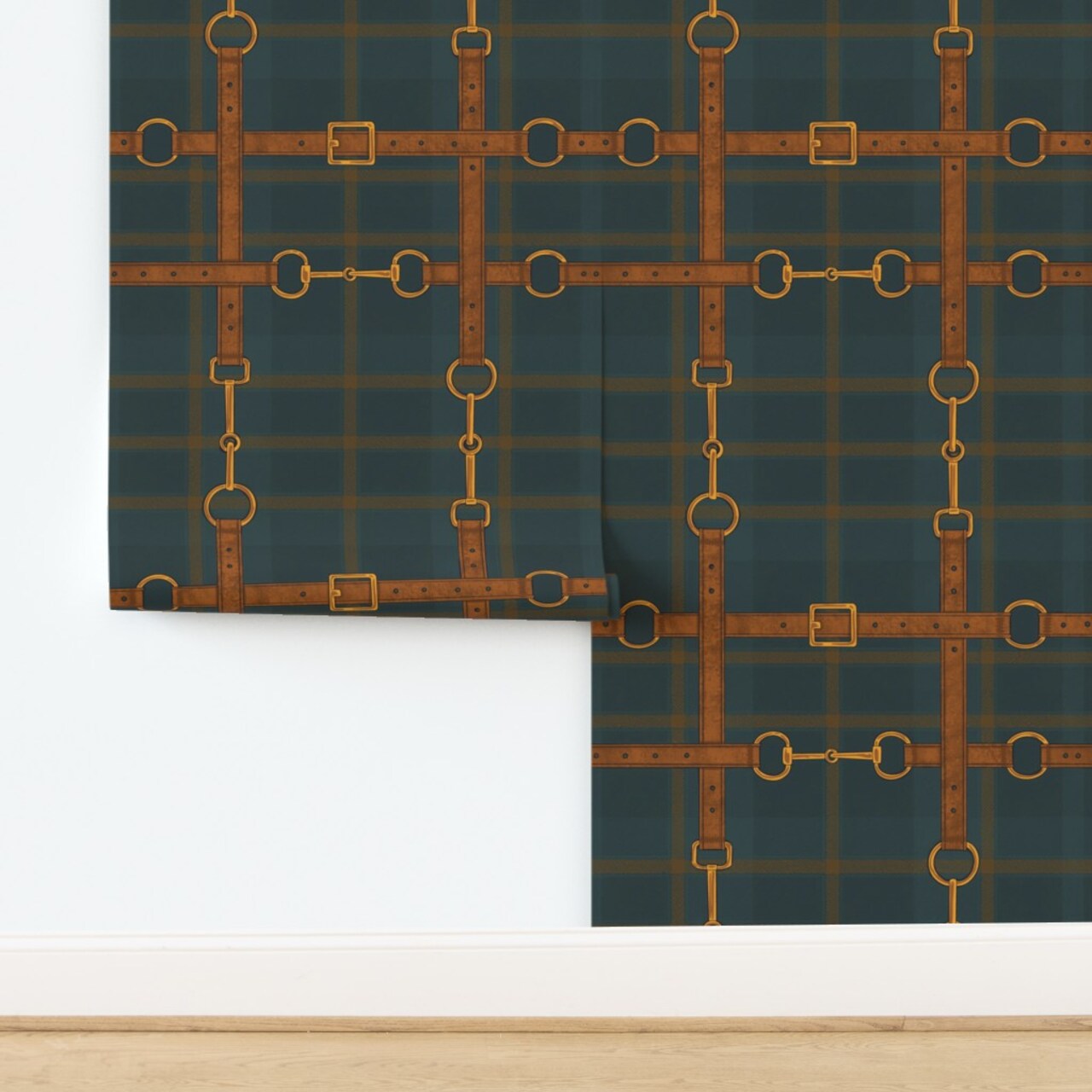 Classic Plaid Autumnal Traditional Tack Room Horse Vintage Americana Equestrian Bridle Horse Bit Leather Country Club Navy Green Brown Tartan Custom Pre-pasted Wallpaper by Spoonflower Pre-Pasted Wallpaper 2FT Wide